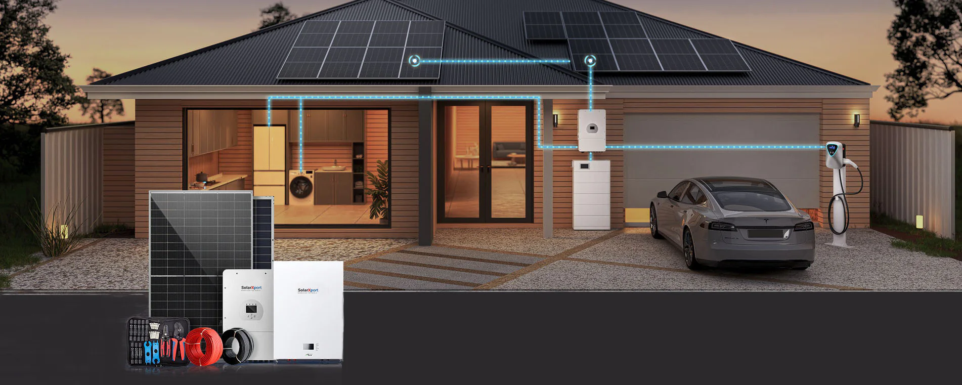 Residential solar system with hybrid inverter, battery storage and EV charging